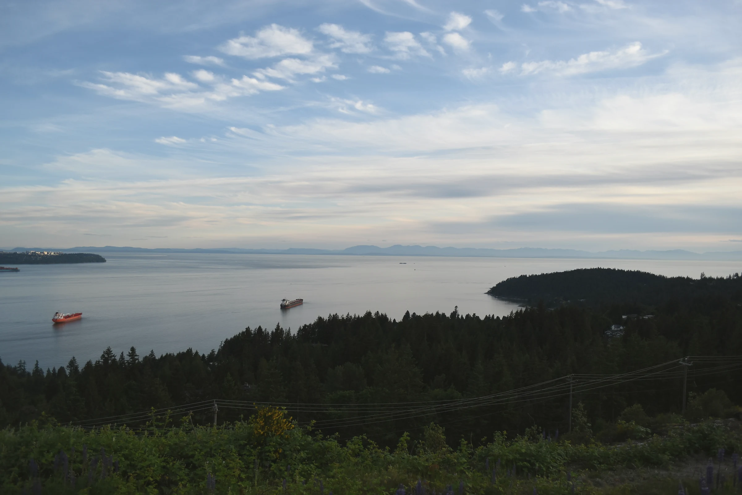 Freighters at anchor off the British Columbia coast at dusk